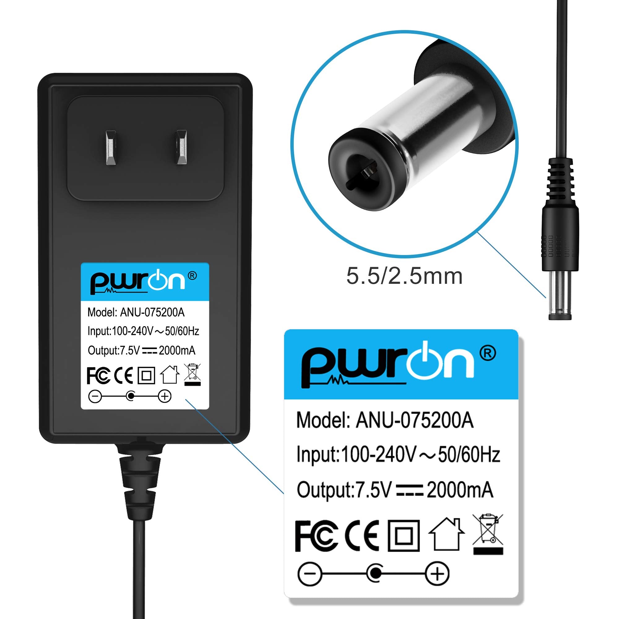 Pwron (6.6Ft Cable) 7.5V 2A Ac Dc Adapter Compatible With For 400Ma 500Ma 800Ma 1000Ma Dc Adapter Power Supply 5.5Mm*2.1Mm/2.5Mm With Positive Center
